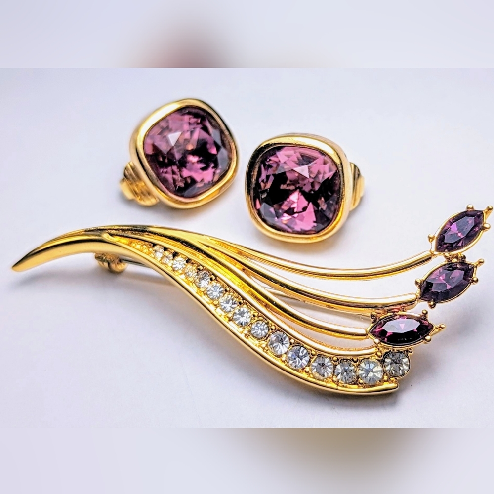 1980's Christian Dior Gold Plated & Amethyst Cut Glass Plume Style Brooch and Cl